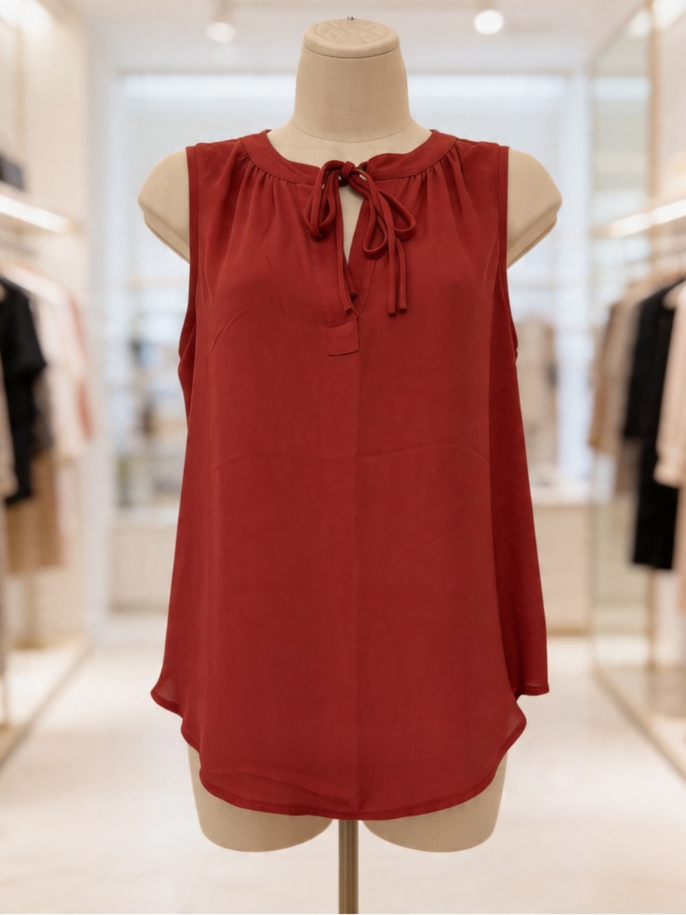LOFT Red Tie Neck Sleeveless Blouse Keyhole Shell Size S